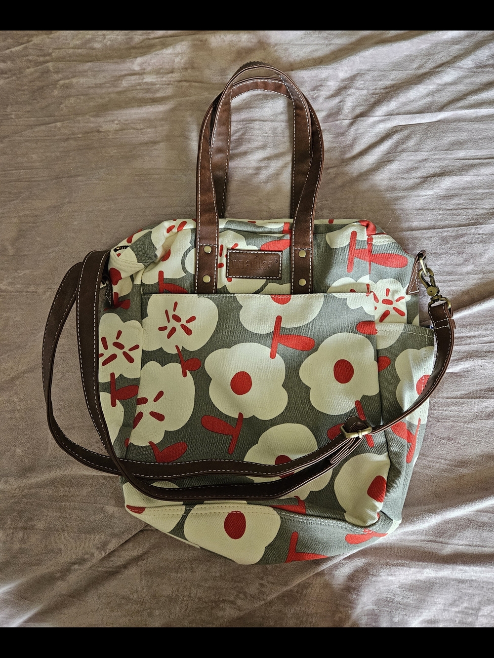 Cute New Maika Gray w/White and Red Floral Canvas Tote with Brown Leather Straps